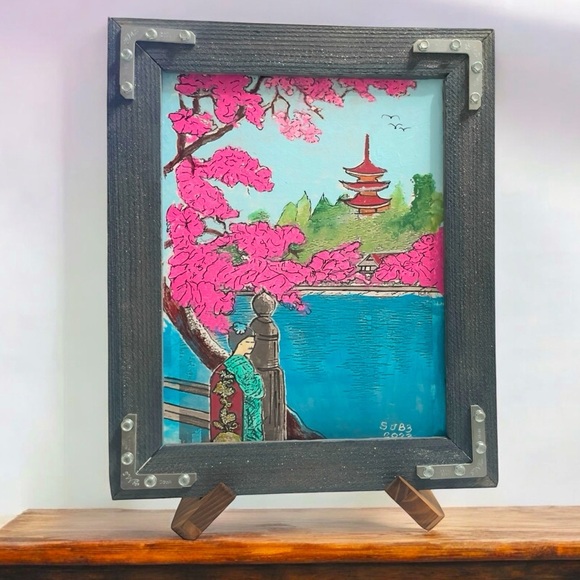 Hand painted acrylic cherry blossom scene in Japan 11” x 14” - Picture 1 of 8